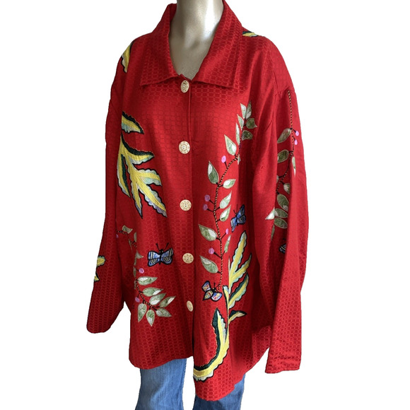 Vtg Maggie Barnes Jacket Red Floral Butterfly Wearable Art Plus Size 4X (J43) - Picture 1 of 12